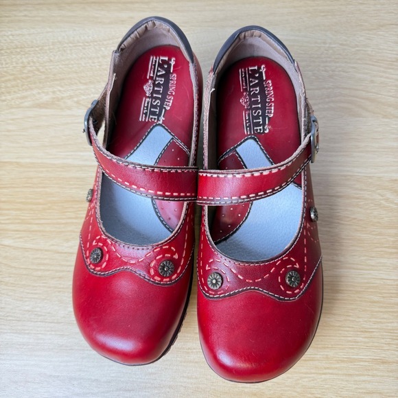 Spring Step L'Artiste Sugarcane Mary Jane Clogs Womens 37 Red Excellent Leather - Picture 2 of 9
